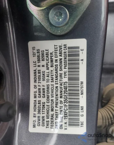 2016 Honda Civic Ex из США, поврежденный, VIN 19XFC1F35GE204075